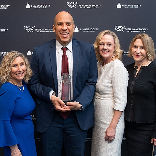 Senator Booker pictured with HSUS CEO, Kitty Block, HSLF president, Sara Amundson and HSUS and HSLF board member, Susan Atherton