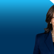 blue and white background with a picture of Kamala Harris