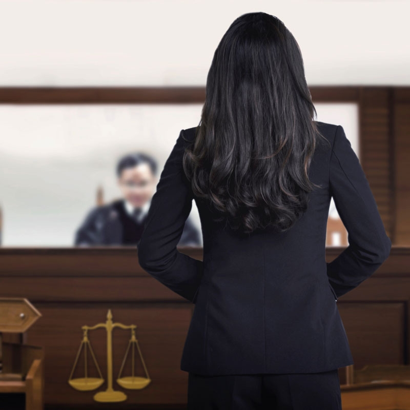 Rear view of woman facing a judge on the bench.